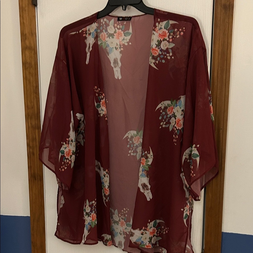 Western Bull Skill Floral Burgundy Kimono Cardigan